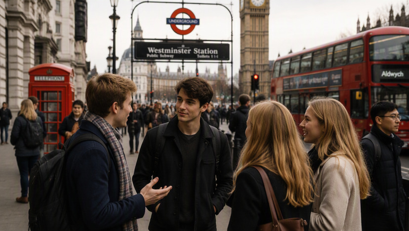Молодые люди беседуют на улице Лондона у станции Westminster, рядом красный автобус и Биг-Бен