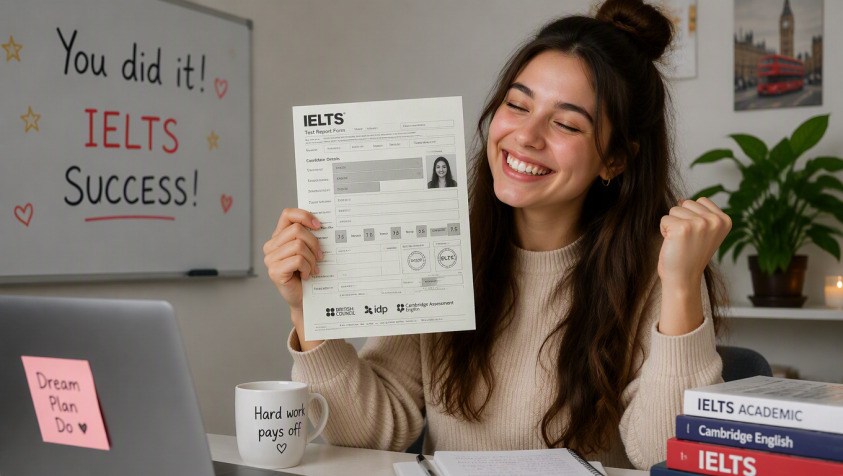 Счастливая девушка показывает сертификат IELTS с хорошими баллами