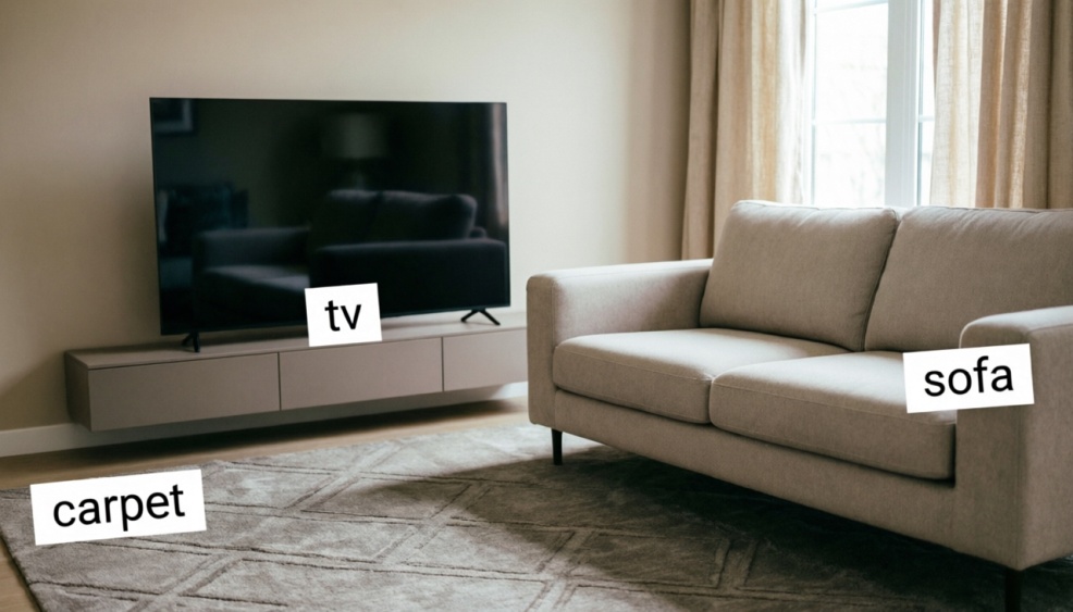 Гостиная со стикерами на предметах: tv, sofa, carpet
